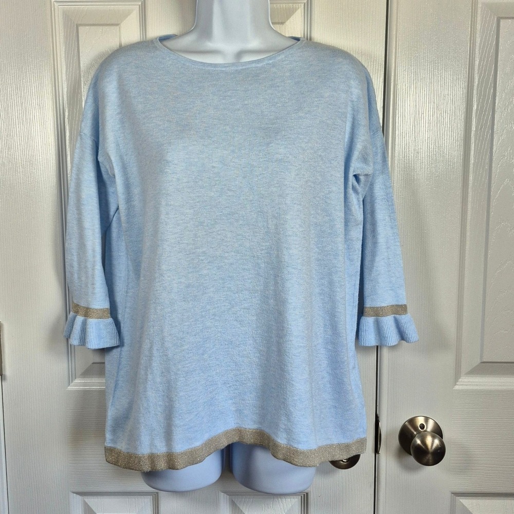 Lilly Pulitzer light blue and‎ silver ruffle sleeves sweater top womens XXS